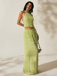 2026 New Mint Green Bohemian Style Women Summer 2 Pieces Set, Cropped Design For Daily Wear - Green - View 6