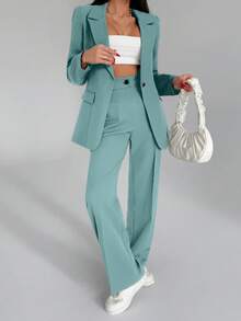 EURMUSE 女士纯色两件套西装套装，包括西装外套和裤子 - 薄荷藍 - 查看 5