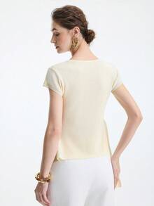 Aalyst Summer French Style V-Neck Solid Color Asymmetrical Slit Cap Sleeve Shirt, Niche Design Waist Cinched Slim Fit Knit Sweater Top For Women - Apricot - View 6