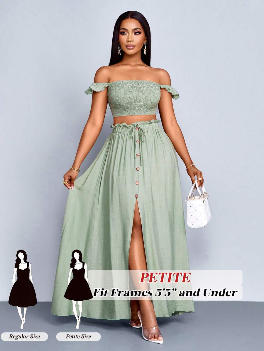 SOLERSUN Women's Vacation Romantic Elegant Linen-Like Off Shoulder Small Flying Sleeves Crop Top And A-Line Center Front Slit Maxi Skirt Suit, Women Two Pieces Outfits,Casual Daily Wear - Green - View 1