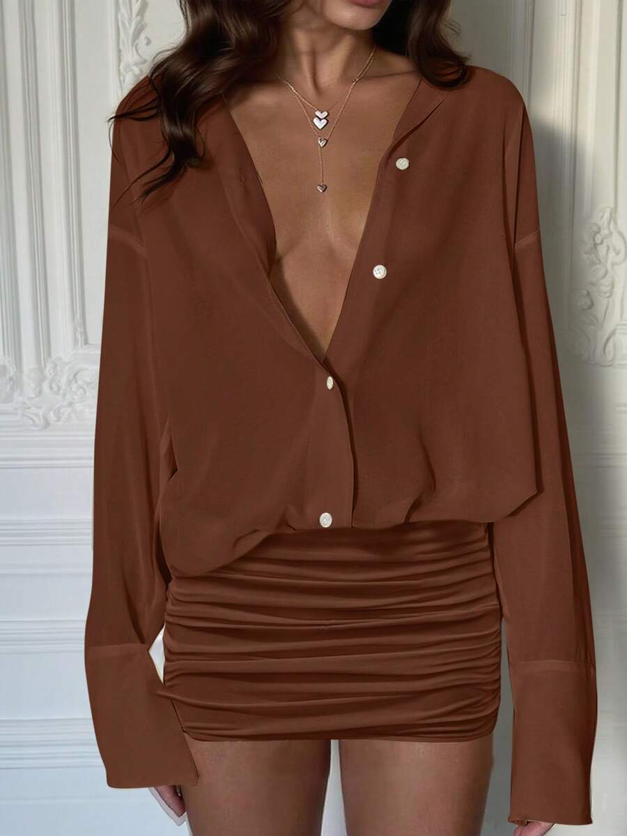 Cévolie Party Style Women's Mocha Brown Mini Dress Semi-Sheer Fabric Collar Button Front Regular Wrist-Length Sleeves Plain Pattern - Mocha Brown - View 1