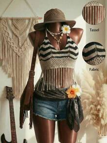 Elin Vora 女士休闲简约沙滩度假露脐上衣，撞色镂空流苏系带露背优雅针织泳衣罩衫 - 彩色 - 查看 2