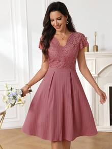 Miaspire 女士撞色蕾丝V领短袖中长连衣裙 - 紅色 - 查看 4