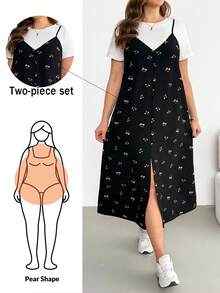 Plus-Size Women's Smart Casual Everyday Summer Two Pieces Set: White Short-Sleeved Top & Black Floral Print Suspender Midi Dress With Slit,Vacation - Black and White - View 1