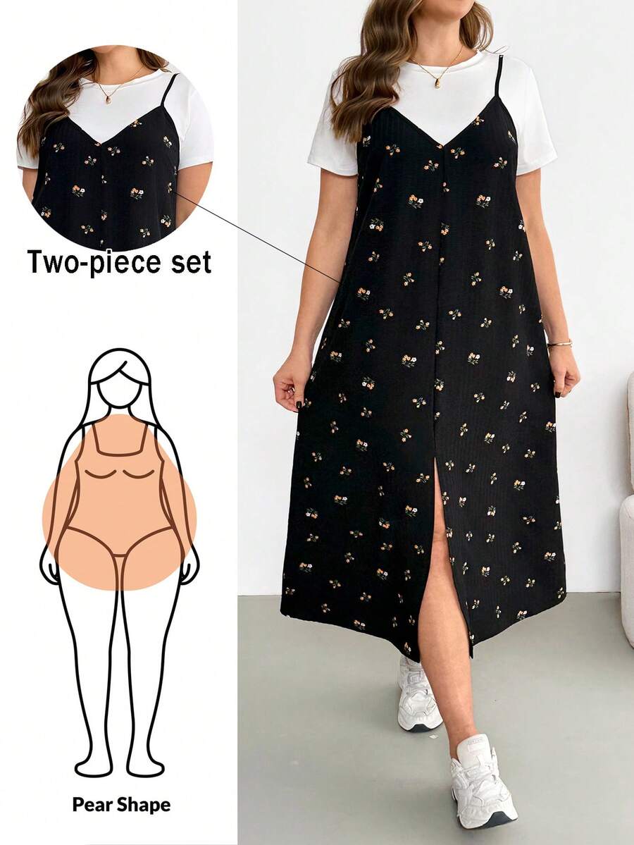 Plus-Size Women's Smart Casual Everyday Summer Two Pieces Set: White Short-Sleeved Top & Black Floral Print Suspender Midi Dress With Slit,Vacation - Black and White - View 1