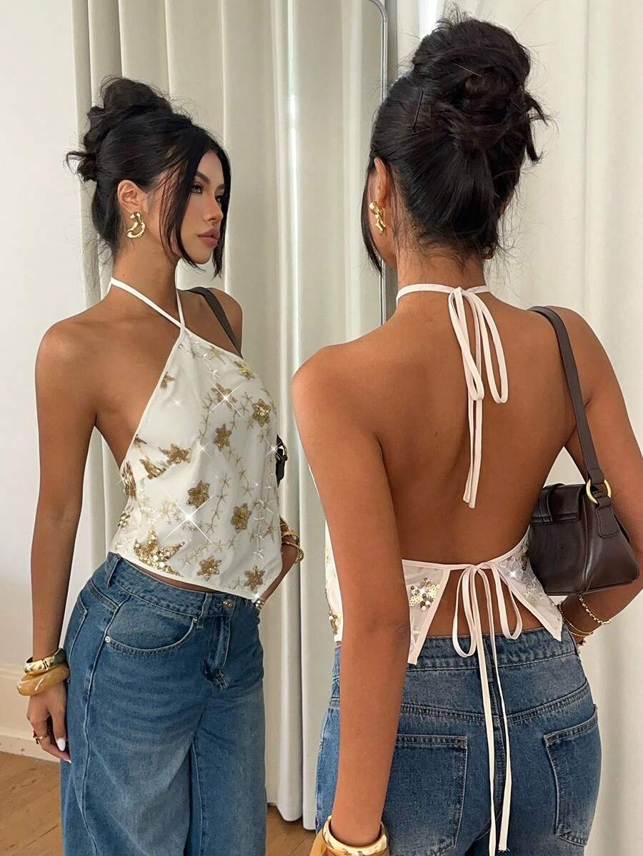 Siren Gaze Women's Sexy Sequin Embroidery Backless Halter Top, Summer Women's Sexy Sequin Backless Halter Top, Summer Beach Vacation Boho Tropical Vacation Concert Rave Festival Country Concert Ibiza Nashville Western Wear Women Western Boho Streetwear Tropical Gyaru Western Wear Women Western Gyaru Cute Summer Tops Party Dresses For Women, Christmas Party, Elegant New Year's Eve Outfits, Buling Sequin Top, Sequin Cheetah Print Women's Sexy Sequin Backless Halter Top, Beaches For Woman Tropical Vacation Raves Festival Clothes Beach Outfits For Woman Beach Vacation Vacation Outfits Woman Boho Tropical Vacation Woman Clothe Cute Tops Minimalana Business Casual Woman Commuter Simple Temperament Office Top Apricot Elegant Going Out Tops Women, Tops For School Sexy Sequin Backless Halter Top With Slit Summer Sleeveless Halter Neck Sequins Cami Crop Tops Spring/Summer - Apricot - View 1