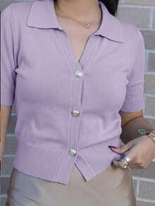 Melissa Matos 新款夏季柔软韩版休闲通勤百搭Polo领针织上衣，女款针织毛衣，适合大学校园穿着 - 淡紫色 - 查看 3
