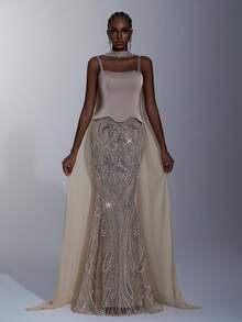 Elitara Petite Petite Elegant Luxurious Beaded Sequin Floral Mermaid Hem Dress Elastic Satin For Evening - Khaki - View 5