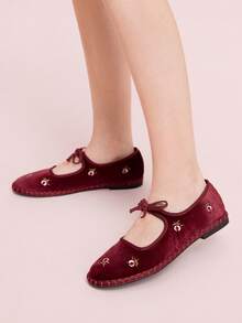CUCCOO DOLLMOD Zapatos de mujer clásicos de terciopelo burdeos con bordado de flores y lazo Mary Jane planos - Burdeos - Ver 3