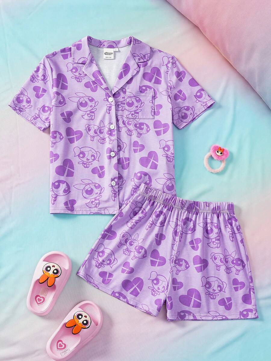 THE POWERPUFF GIRLS X SHEIN 少女短袖单排扣上衣和短裤睡衣套装 - - 紫色 - 查看 1