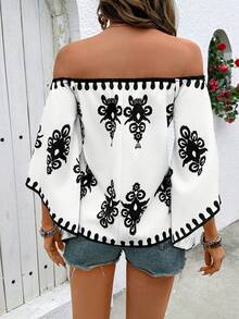 Breezaya Petite Women's Summer Vacation Casual Off-Shoulder Allover Print Shirt - White - View 2