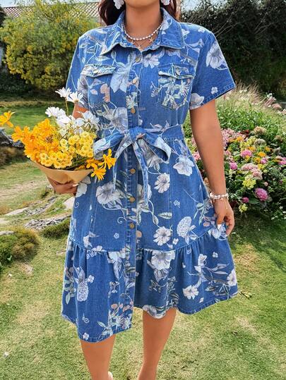 EMERY ROSE Plus Size Women Floral Print Twist Front Casual Denim Dress For Date & Outing