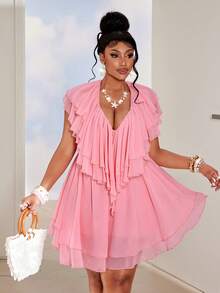 Maweii Đầm chiffon xếp ly trễ vai gợi cảm dành cho nữ cỡ lớn - Hồng - Xem 1
