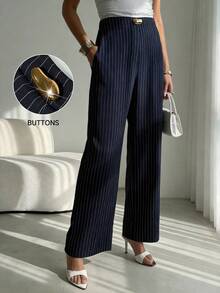 Lavishia Pantaloni eleganți kaki cu croi larg pentru femei, pentru afaceri, pentru naveta, pantaloni de costum, design elegant și versatil, clasic, cu talie înaltă, cu decor metalic auriu, pentru vară, pentru birou - Albastru marin - Vizualizare 8