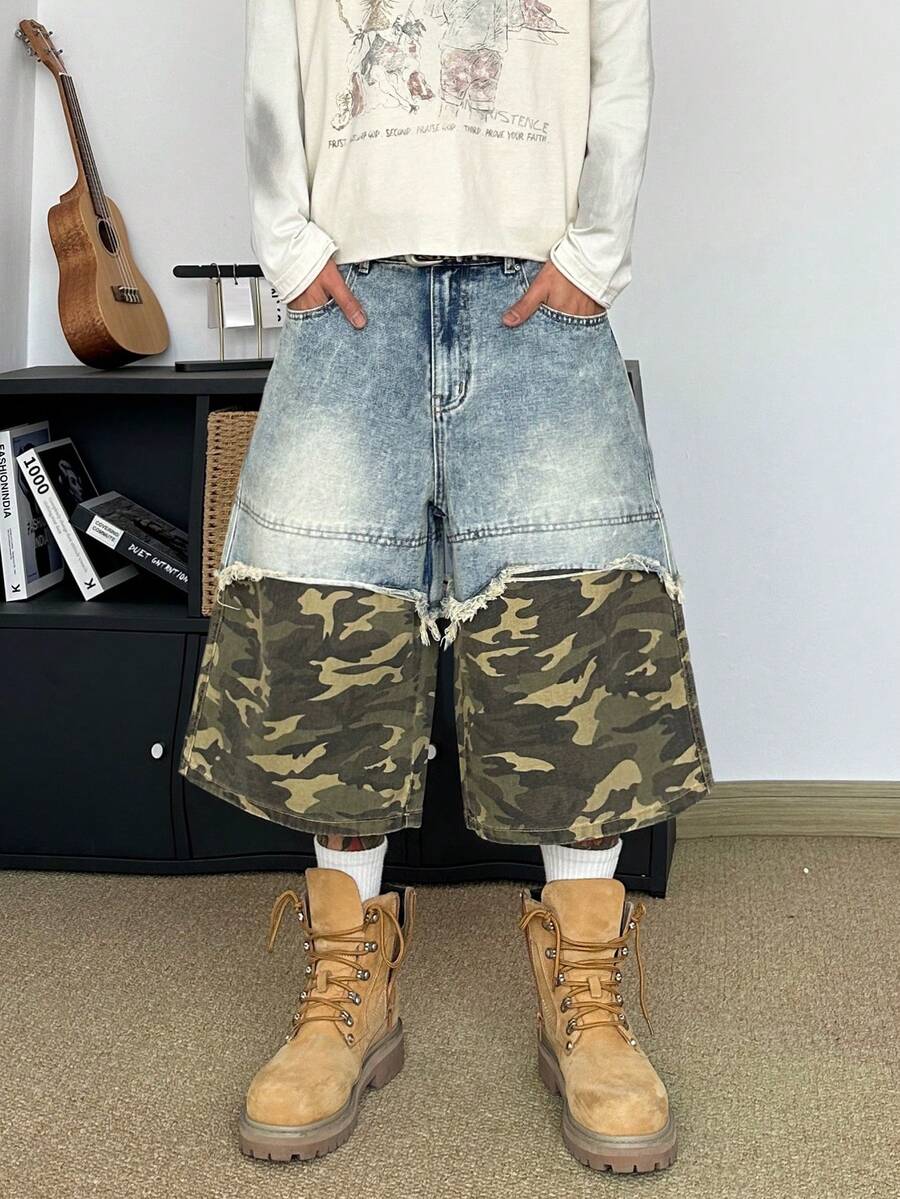 STEELVANCE Men Vintage Casual Loose Wide Leg Denim Shorts With Frayed Hem And Rivet Design, Versatile Street Style For Summer
