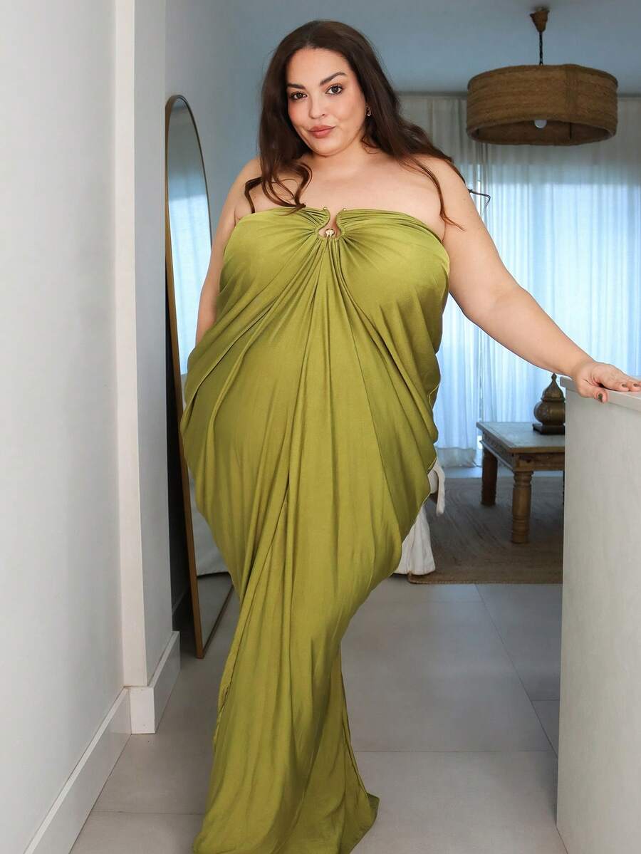 Pretty and Ole Plus Size Women's Fall And Winter Fashion Commuting Daily Metal Decorated Gathered Ruched Tube Bodycon Maxi Dress,Strapless Sleeveless Cocoon Wrapped Pleated Grass Green Knitted Fabric Sexy,Graduation Dress,Party Dress,Wedding Guest Dress,Prom Dress,Luxury Evening Dress For Women,Shiny Dress,Halloween ,Christmas,New Year, - Green - View 1
