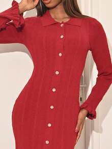 Mima John Vestido de suéter de manga larga ajustado de unicolor casual para mujer - Burdeos - Ver 5