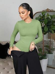 Melissa Matos Solid Slim Fit Spring Women Bodysuit ,Petite Women - Mint Green - View 4
