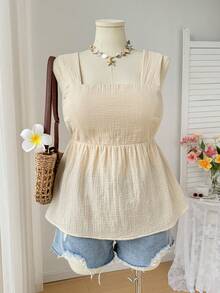 Comfortcana Spring/Summer Comfortable Pure Cotton Solid Color Back Bow Tie Strap Vacation Casual Plus Size Camisole - Beige - View 8