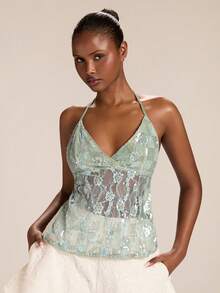 SHEIN BAE Women's Halter Deep V Backless Tie Lace Sequin Halter Top, Vacation , Sexy Semi-Sheer Top, Lace Top, Party Event Top, Music Festival Top - Green - View 5