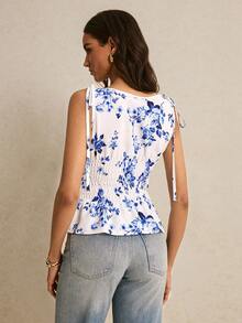 Poéselle Women's Printed Sleeveless Blouse  Women's Elegant Ruched Waist A-Line Top, Bow Tie At Shoulder, Summer Romantic Top, Spring & Summer Outfit  Romantic Blue-And-White Porcelain Floral Print Fabric Summer Music Festival Outfits - Royal Blue - View 2