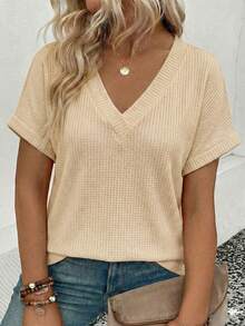 EMERY ROSE Plus Size Women's Fashion Casual Versatile Bestselling Neon Color V-Neck Short Sleeve T-Shirt - Apricot - View 1