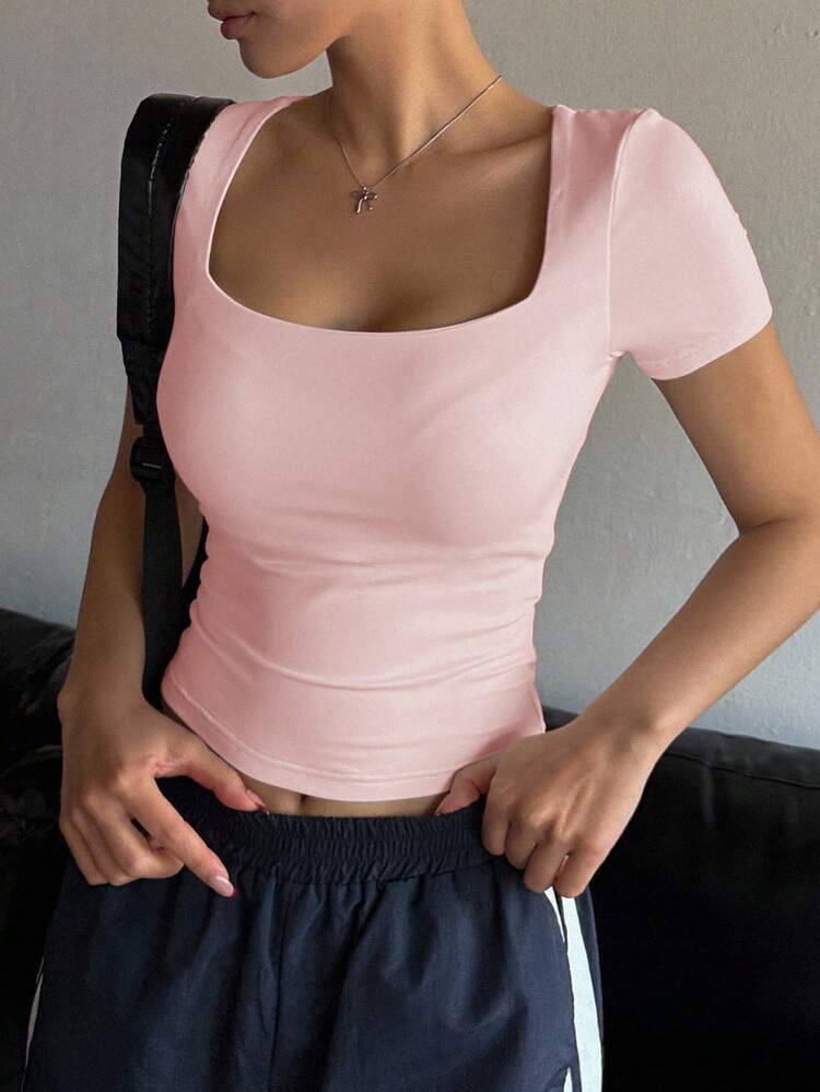 Women's Square Neck Short Sleeve Fitted T-Shirt Summer