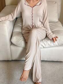 DAZY Minimalist Contrast Trim Soft Knit Women Pajama Set - Khaki - View 4