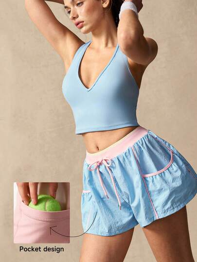 VARSIVA Cool Wear Collection. Back To School Fashion. Vanilla Style. Women's Casual Drawstring Belt Color-Blocked Athletic Shorts, Blue, Pink And Yellow Color-Blocked Tennis Shorts, Versatile And Stylish. Suitable For Fitness Activities, Tennis, Pilates, Yoga, Running, And Everyday Wear, Perfect For Spring, Summer, And Autumn.