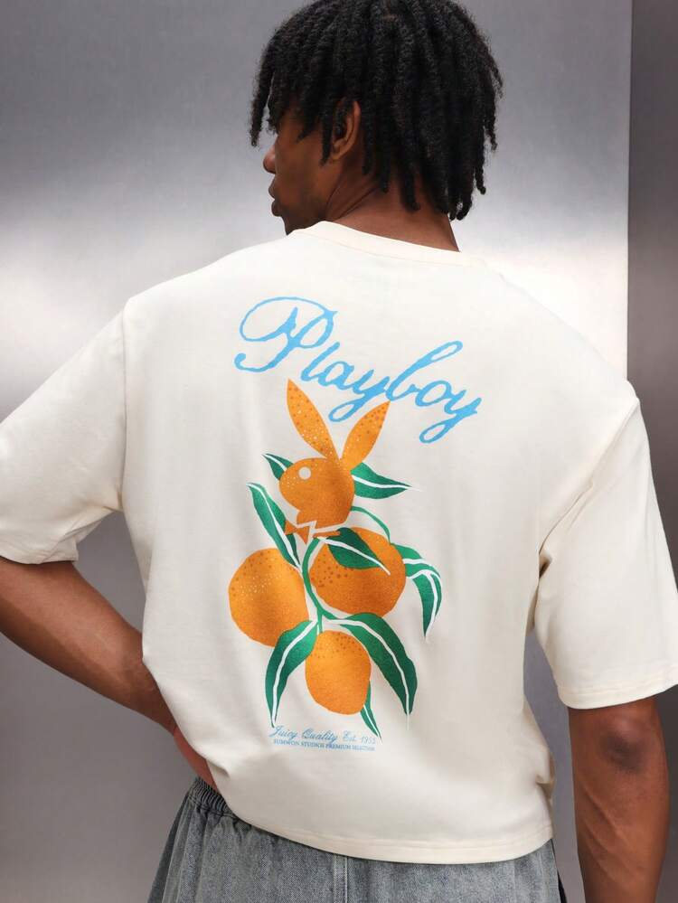 PLAYBOY X SUMWON T-shirt décontracté à col rond, manches courtes, avec imprimé lapin orange et graphique, pour hommes