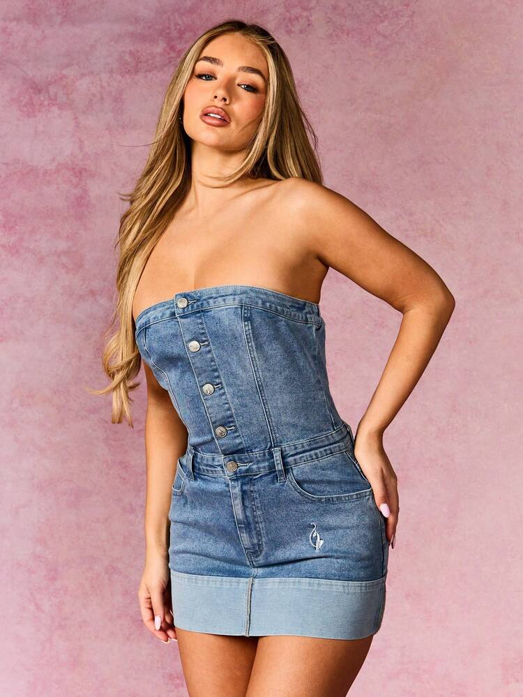 BABYPHAT Women's Strapless Denim Mini Dress With Button Front Detail And Contrast Hem For Casual Summer Outings