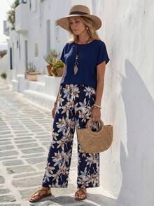 EMERY ROSE 女士纯色圆领短袖上衣和花卉印花阔腿裤套装，适合夏季两件套服装 - 藍色 - 查看 3