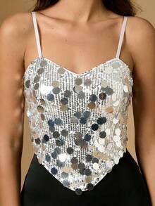 Briarwyn Women's Solid Color Asymmetric Hem Fashionable Sequin Camisole,Summer Top - Silver - View 3