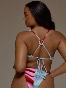 Musera Resort Top de bikini de talla grande con estampado abstracto de rayas, elegante y sexy para la playa en primavera y verano - Multicolor - Ver 3