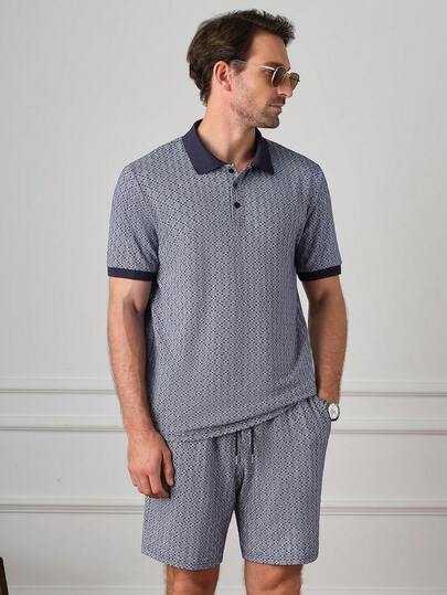 Core Aspect Men's Casual Contrast Trim Polo Shirt And Shorts Set, Summer
