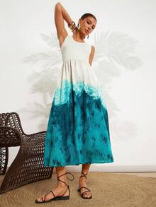 Amorya Đầm midi nữ cổ tròn, phối màu, xếp ly, eo thon, thanh lịch, thích hợp dự tiệc. - Nhiều màu - Xem 7
