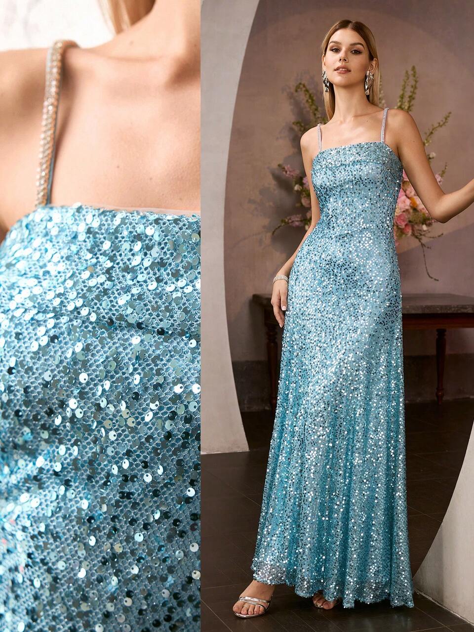 ELEGANT & GORGEOUS LIGHT BLUE SLEEVELESS ANKLE-LENGTH SPARKLY SEQUIN PARTY GOWN – SPAGHETTI STRAP WITH RHINESTONE DETAIL