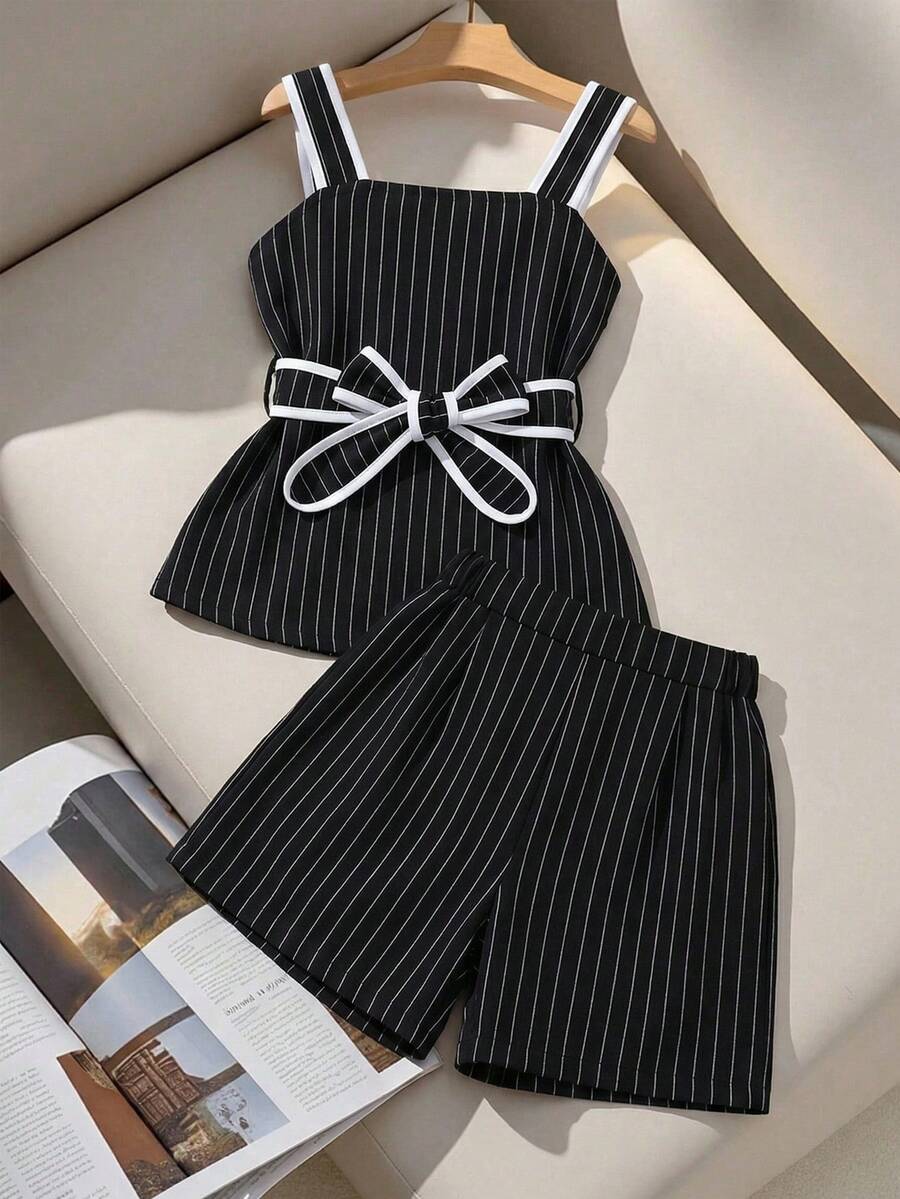 Tween Girls' T-Shirt Set, Black Designed Tank Top Set With White Trim, Waist Belt Design, Paired With Shorts, Simple Commuter Style For Summer - Grey - View 1