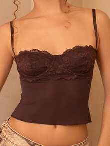 juhmazzocco Kamisol Seksi Ketat dengan Motif Renda dan Patchwork untuk Wanita, Atasan Seksi - Coffee Brown - View 5