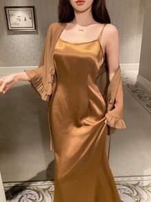 DAZY 2件套夏季女士荷叶边喇叭袖上衣和吊带连衣裙套装 - 卡其色 - 查看 8