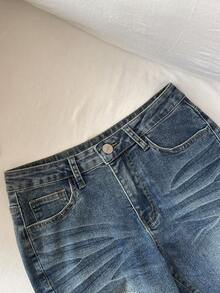 Flirla Women's Pocket Button Rhinestone Bow Design Casual Versatile Flare Leg Jeans - Light Wash - View 3