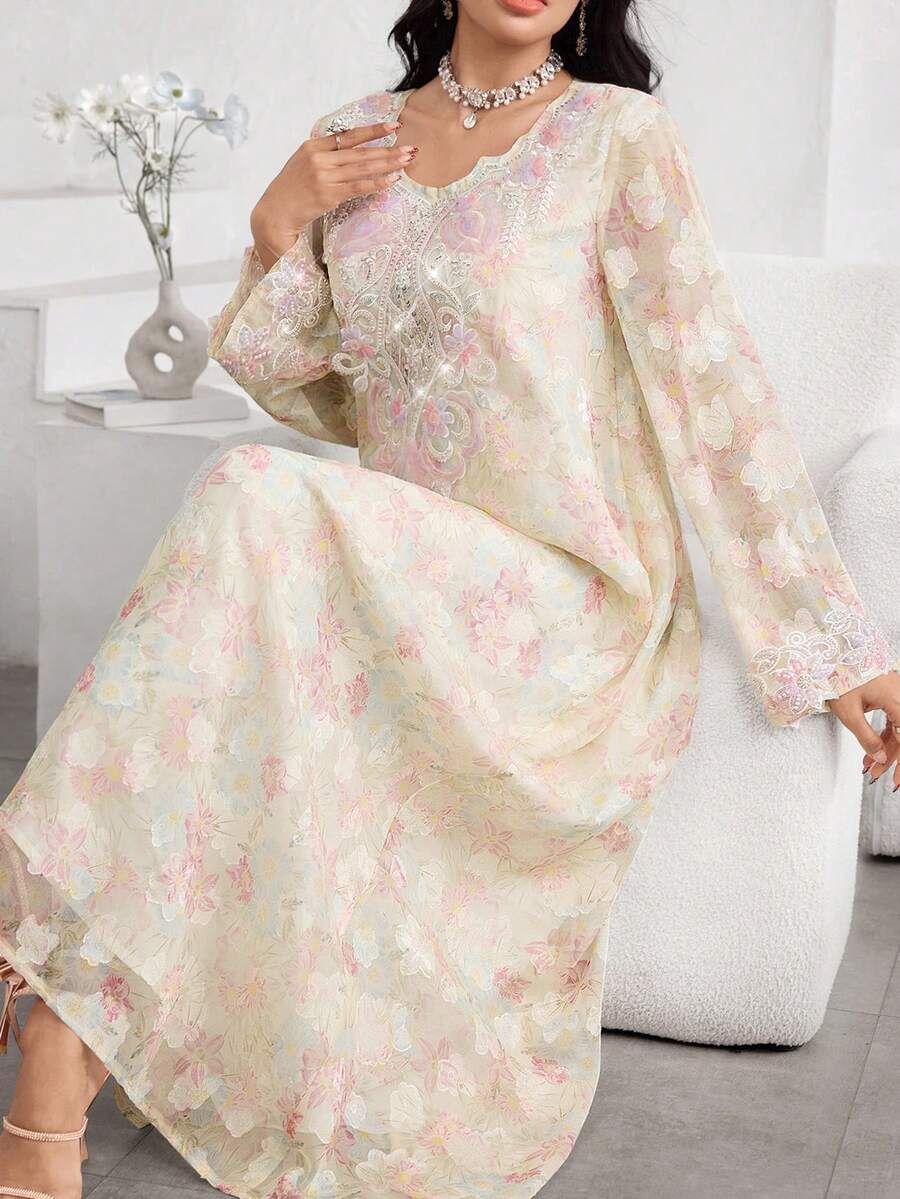 Yasmyna Đầm dài tay dáng xòe rộng in hoa thanh lịch dành cho nữ, cổ áo được trang trí cầu kỳ. - Nhiều màu - Xem 1