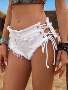 Breezaya Women's Fashion Sexy Criss-Cross Lace-Up Low Waist Mini Denim Shorts - White - View 3