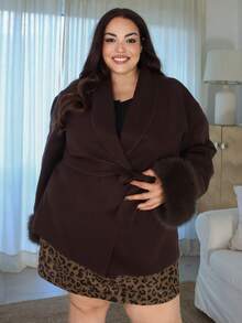 Pretty and Ole Plus Size Women's Solid Color Shawl Collar Long Sleeve Faux Fur Patchwork Woolen Coat, Autumn/Winter Office Old Money - Coffee Brown - View 5
