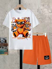2pcs Boys' Mocking Bear Print Short Sleeve T-Shirt And Pocket Shorts Set, Summer Vacation Outfit - Multicolor - View 3