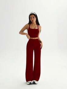 SHEIN Sovereign Charm Solid Color Cropped Camisole & Pants Sports Set - Burgundy - View 5