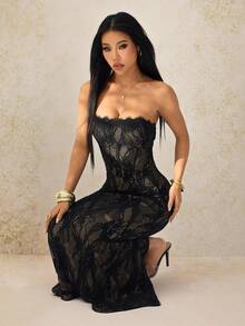 SHEIN PETITE 女士新款性感S型蕾丝长袖抹胸方领紧身黑色长裙，适合派对、约会、晚宴等场合 - 黑色 - 查看 9