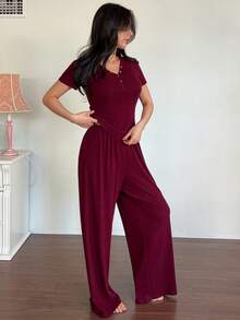DAZY 2pcs/Set Women's Solid V-Neck Fitted Short Sleeve T-Shirt And Loose Straight Long Pants Pajama Set, Summer - Burgundy - View 6
