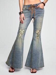 ROMWE Y2K Quần jeans ống rộng cạp cực thấp kiểu vintage rách rưới thời kỳ đầu những năm 2000. - Màu xanh lam - Xem 8