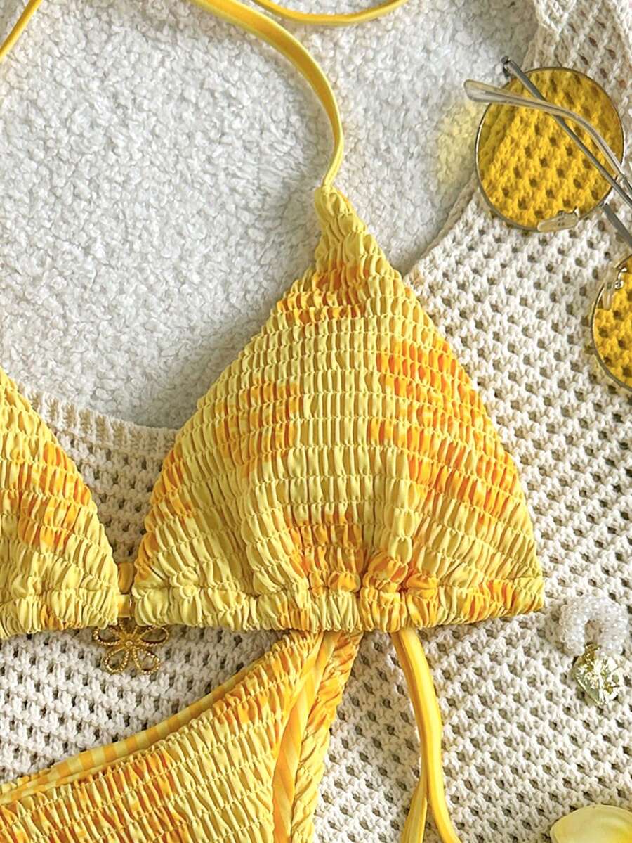 SHEIN Swim Mod Dam 2-delat halterneck bikiniset med blommönster och knytband i sidan, sommarstrandbaddräkt - Multifärgad - Visa 1